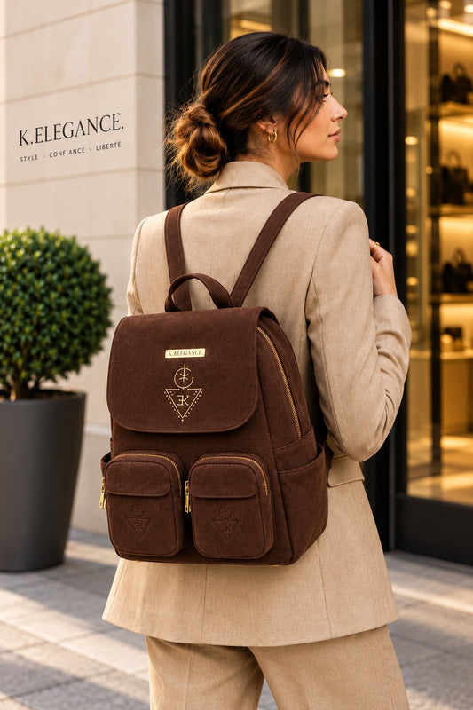 Sac à dos AZAR K.ELEGANCE brun porté en lifestyle urbain premium