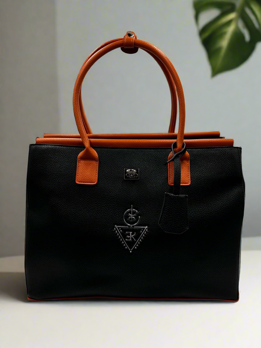 Sac fourre-tout THELLILI noir élégant avec ganses brunes, grand et pratique pour femmes.
