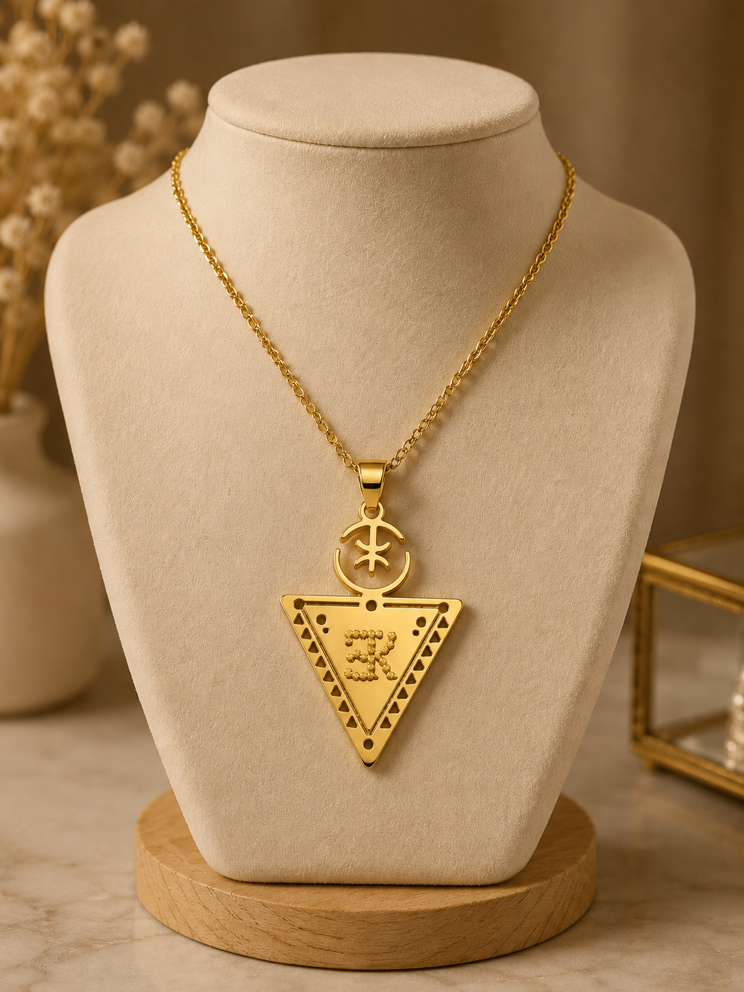 The Collier LALLA is a gold necklace with a triangular pendant adorned with geometric patterns and an astral symbol, showcased on a beige jewelry stand against a decorative backdrop.