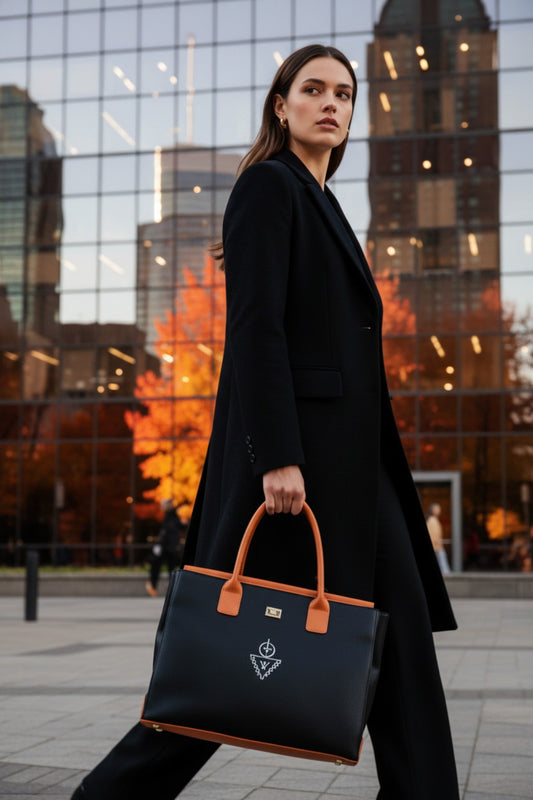 Sac fourre-tout THELLILI K.ELEGANCE noir et cognac porté en environnement urbain