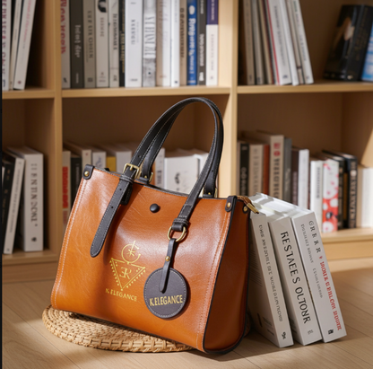 Sac AGGOUR en cuir orangé avec anses noires et logo doré K.ELEGANCE, élégant et spacieux avec trois compartiments.