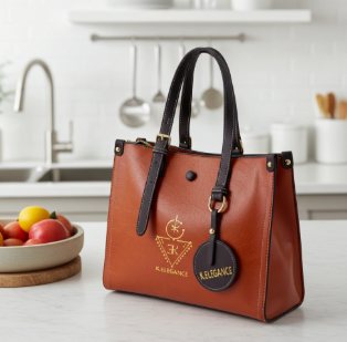 Sac AGGOUR en cuir brun orangé avec logo  3D doré K.ELEGANCE, sac à main moyen avec trois compartiments et poignée brunes élégantes.