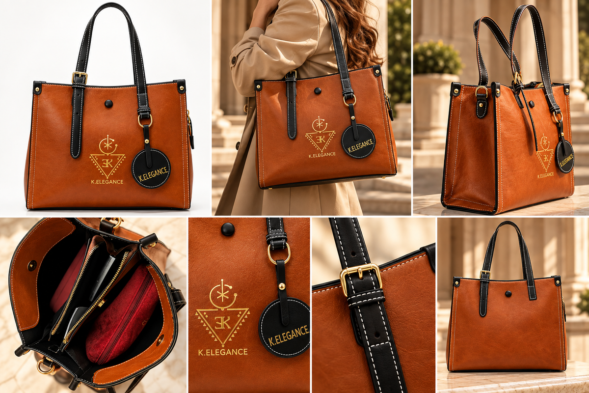 Sac AGGOUR K.ELEGANCE brun et noir — vues éditoriales premium, porté, intérieur et détails