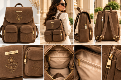 Sac à dos AZAR K.ELEGANCE brun — vues éditoriales premium, détails et intérieur beige