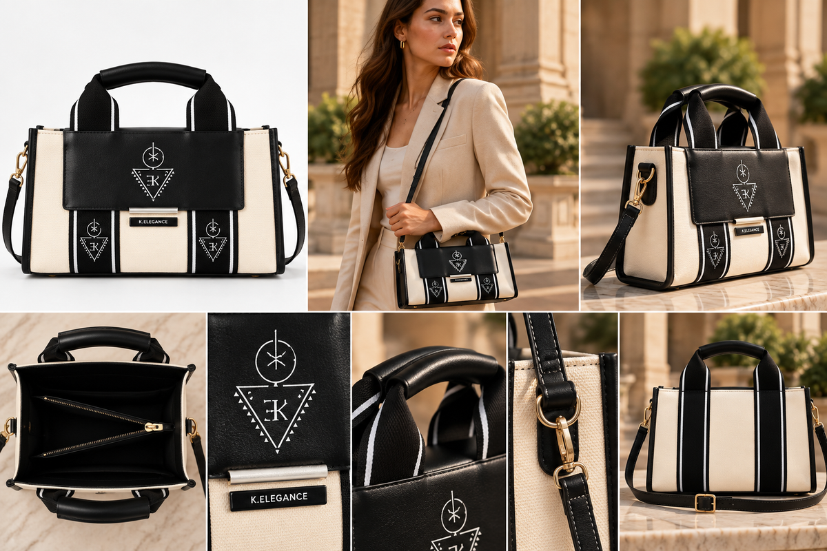 Sac BERBY K.ELEGANCE noir et ivoire — vues éditoriales premium, porté avec bandoulière fine et détails