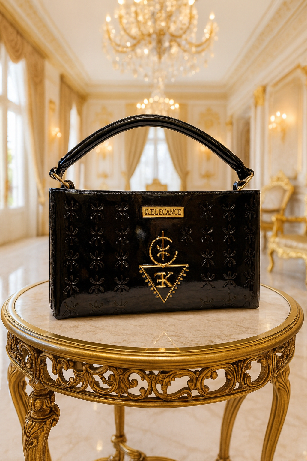 Sac TASSEDA en cuir noir premium avec logo doré 3D K.ELEGANCE, design amazigh embossé, élégant et durable.