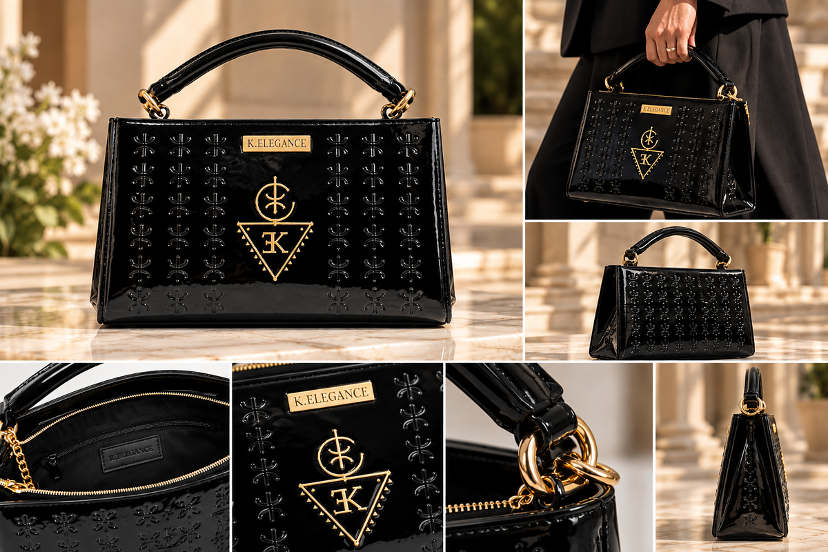 Sac TASSEDA K.ELEGANCE noir verni et détails dorés — vues éditoriales premium