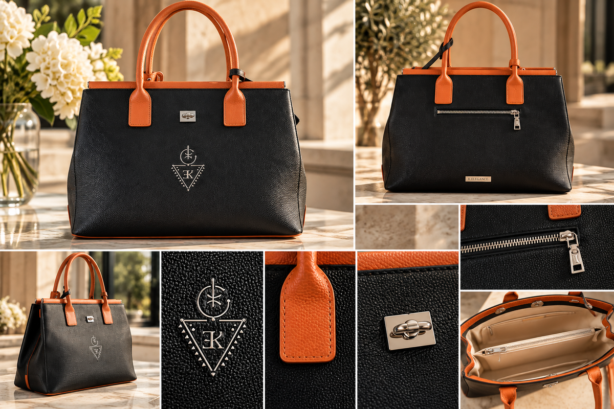 Sac THELLILI K.ELEGANCE noir et cognac — vues éditoriales premium et intérieur beige
