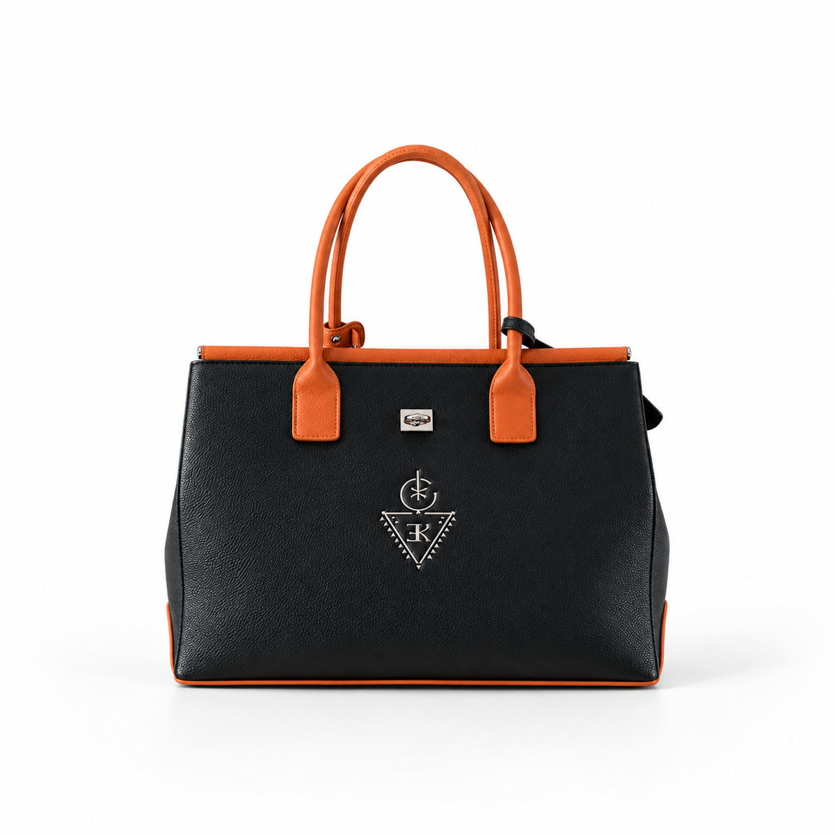 Sac fourre-tout THELLILI K.ELEGANCE noir et cognac, vue de face studio haute résolution avec cadrage dézoomé