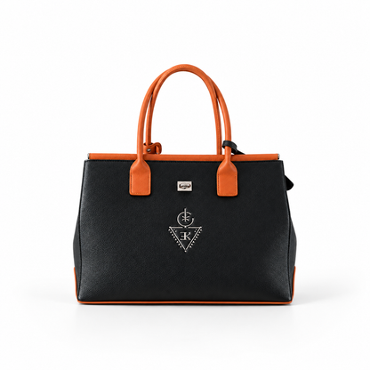 Sac fourre-tout THELLILI K.ELEGANCE noir et cognac, vue de face studio haute résolution avec cadrage dézoomé