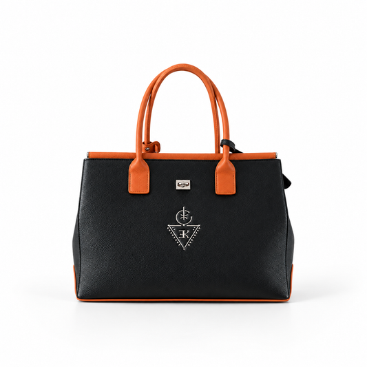 Sac fourre-tout THELLILI K.ELEGANCE noir et cognac, vue de face studio haute résolution avec cadrage dézoomé