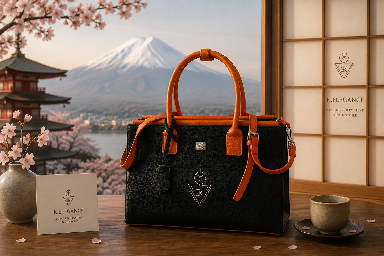 Sac THELLILI K.ELEGANCE noir et orange, mise en scène premium inspirée du Japon